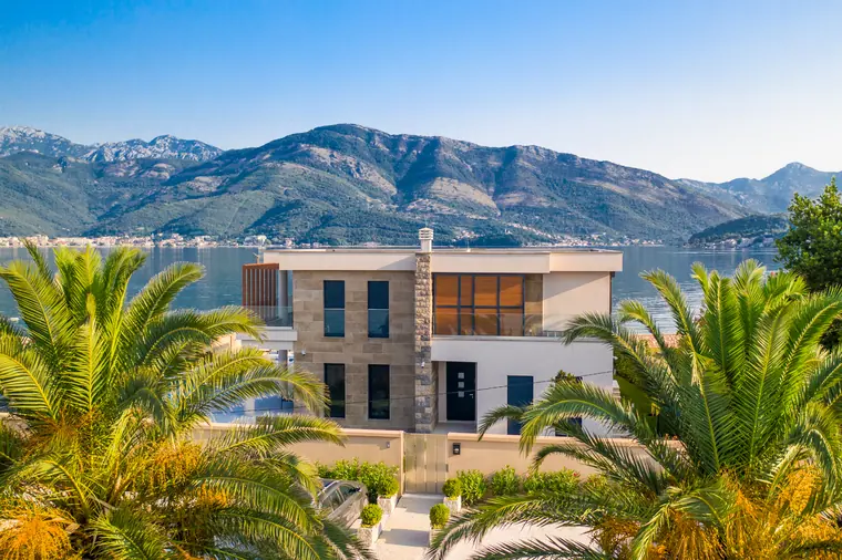 The villa's garden elevation, with mature palms and planting between the terrace and the shore.