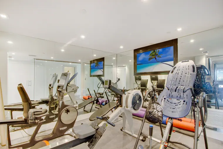 The gym, with cardio and resistance equipment along a glazed wall.